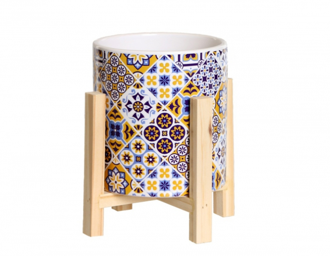 ghiveci  din ceramică în suport din lemn mozaic